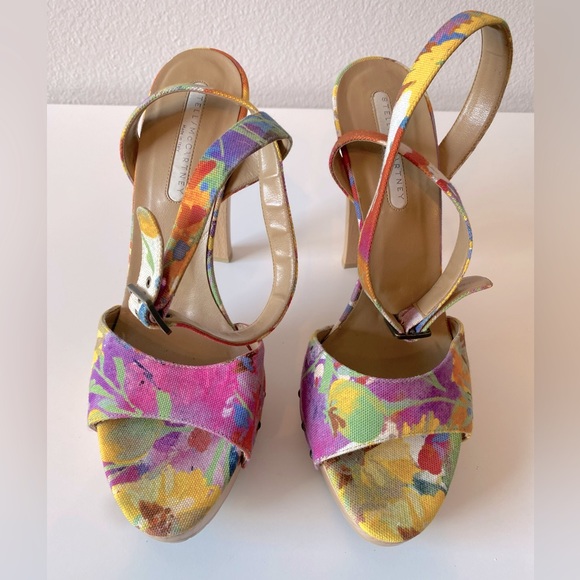 STELLA MCCARTNEY Floral Canvas & Wooden Platform Heels Sandals SZ 40 - Picture 6 of 11